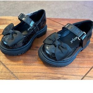 Cat Jack Toddler Girls Black Glitter Mary Jane Shoes Size 5 Hook Loop Bow NWT